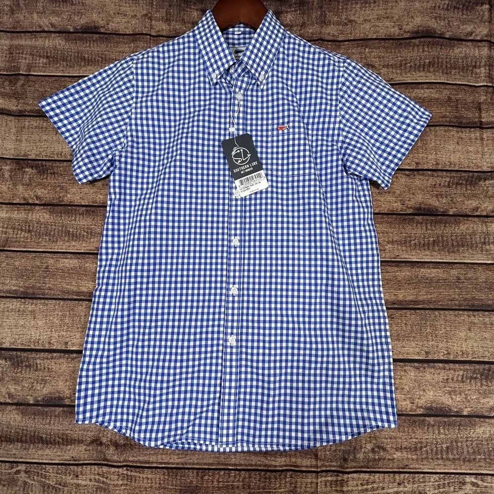 Southern Lure‎ L Boys Blue Gingham Check Button Down Short Sleeve Shirt NEW